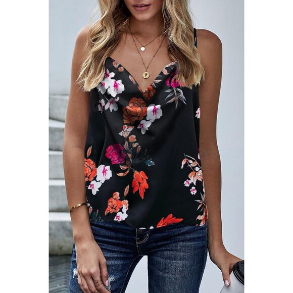 Azura Exchange  Black Floral Print Cowl Neck Spaghetti Straps Tank Top - Picture 10 of 13